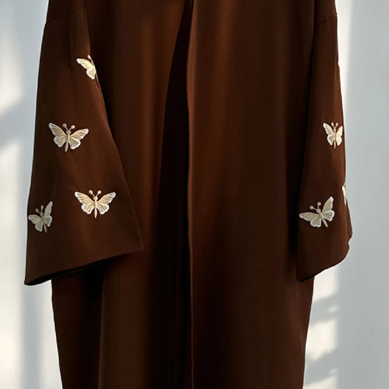Abaya Ouverte Devant Femme Kimono - Broderie Papillon Eid Abaya Tissée Douce Vêtements Islamiques Arabes Dubai - Muslim Essentials