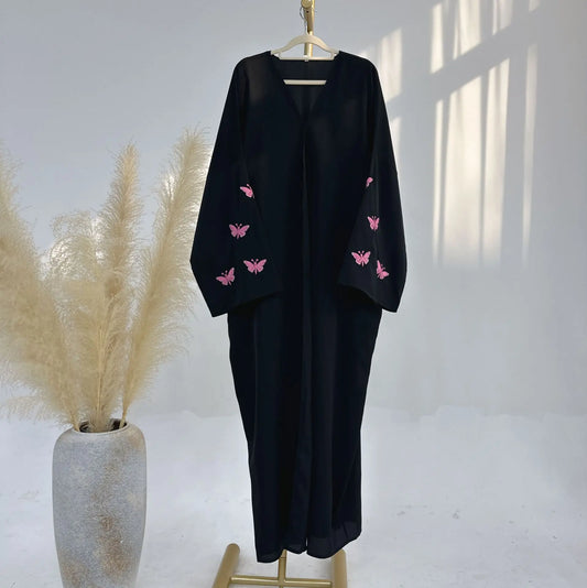 Abaya Ouverte Devant Femme Kimono - Broderie Papillon Eid Abaya Tissée Douce Vêtements Islamiques Arabes Dubai - Muslim Essentials