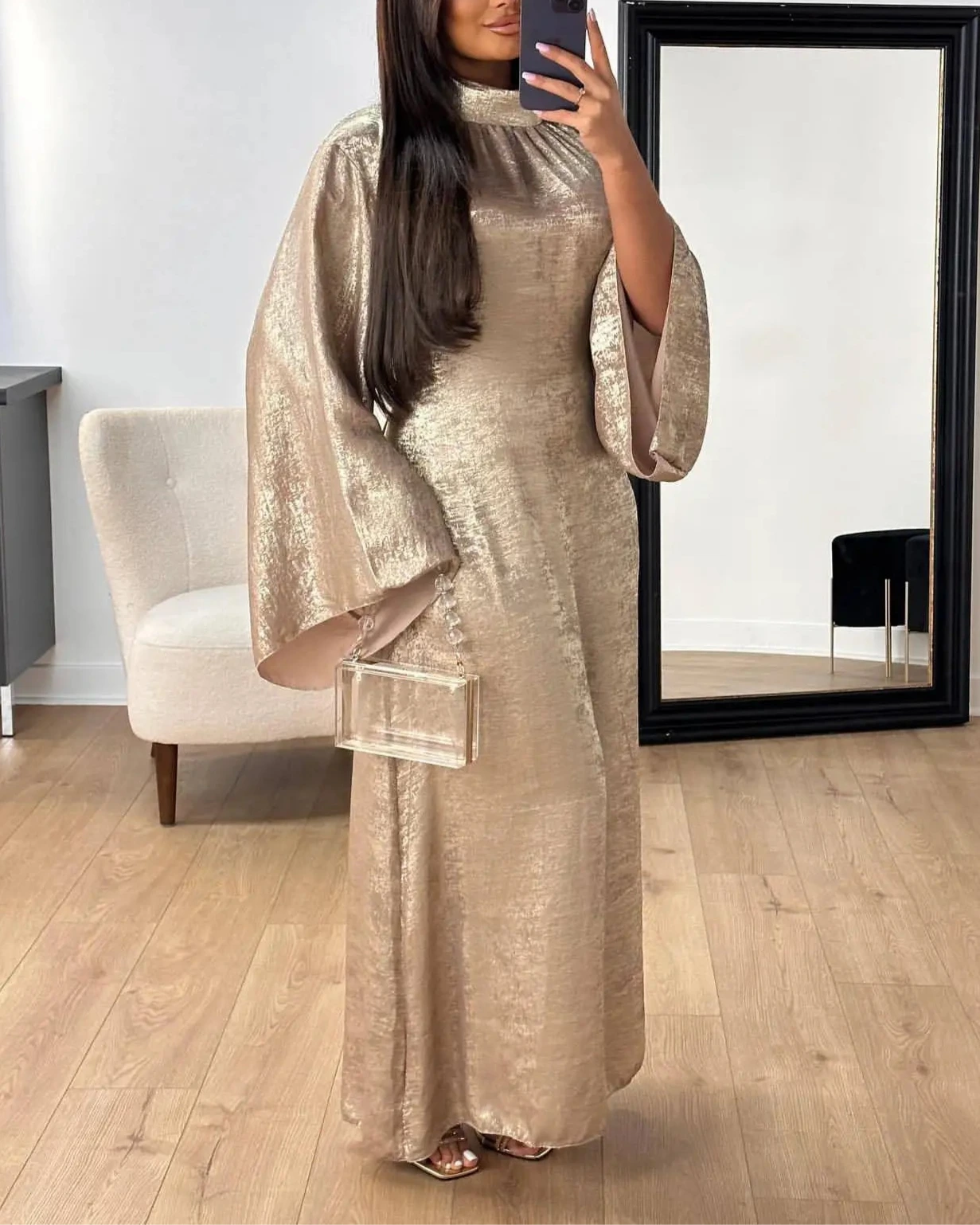 Robe Abaya Satinée Ceinturée à Manches Pagode - Abaya Islamique, Kaftan, Kebaya pour Femmes - Muslim Essentials